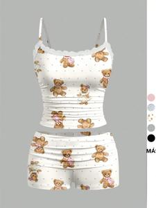 Conjunto de dos piezas Top y pantalones cortos con estampado de oso de dibujos animados para mujer, Top y pantalones cortos casuales bonitos para el verano, ropa de mujer para uso diario, Top corto