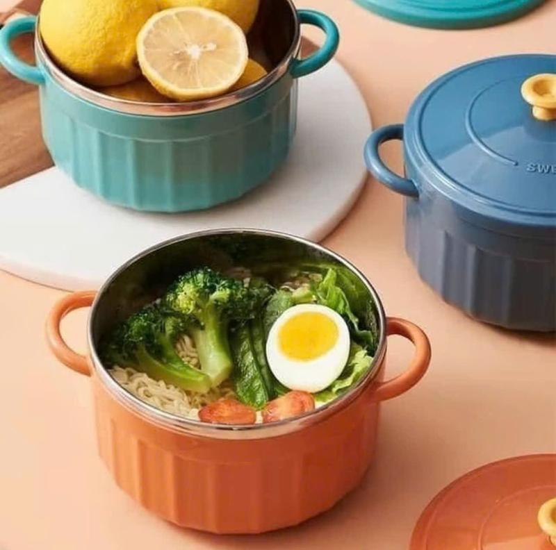 Combo 3 Bát Ăn Mì, Tô Đựng Cháo Chống Nóng 2 Lớp Cách Nhiệt Có Nắp Đậy 2 Quai Tiện Dụng