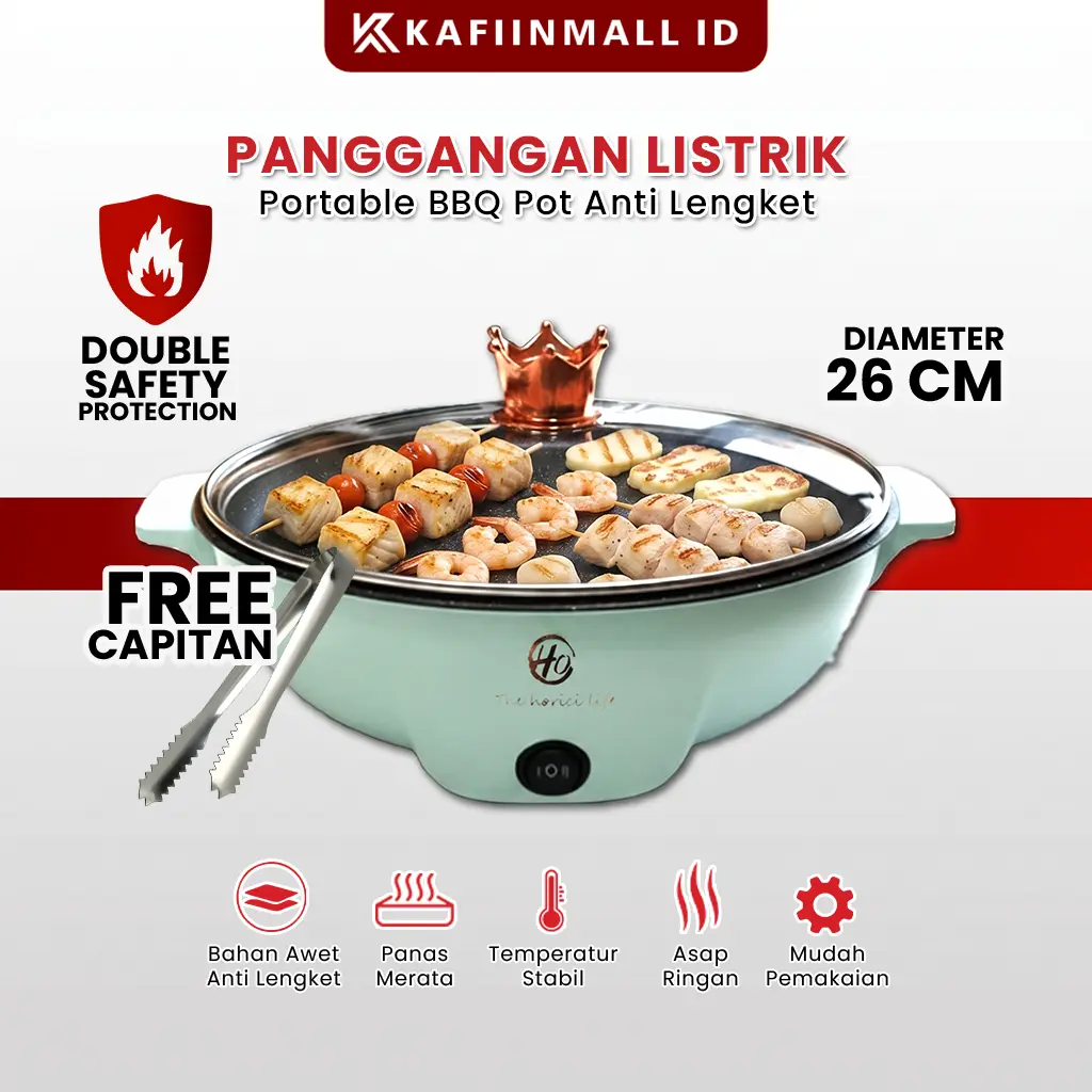 Kafiinmall Panggangan Multifungsi BBQ Elektrik Anti Lengket Bentuk Bulat Lingkaran Grill Electric Portable dengan Free Capitan
