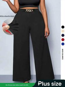 Pantalones de pierna ancha de talla grande para mujer, otoño invierno nueva colección, detalle de cinturón, diseño de cadena metálica, ropa casual para el trabajo