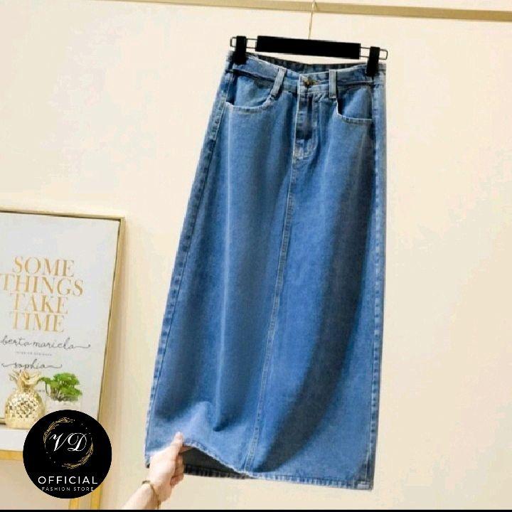 Rok Jeans Highwaist A- Line panjang 7/8 - Basic Skrit Jeans 780 || Rok Jeans Wanita Korean Style cantik 3