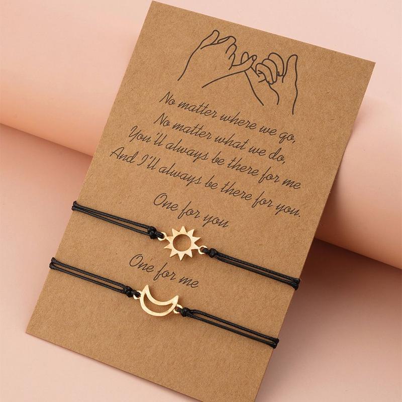Bộ Vòng Tay Cặp Đôi Cho Nữ, 2 Món, Dây Chỉ Bện Thủ Công Màu Đen, Vòng Tay Thẻ Quyến Rũ Mặt Trời Và Mặt Trăng Bohemian, Đồ Trang Sức 2