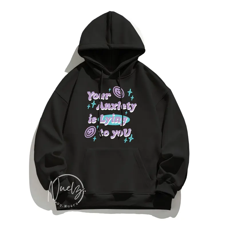 Sweater Hoodie Wanita Korean Street Style Your Anxiety Lying Oversized Kasual Estetik Fleece Lembut 6