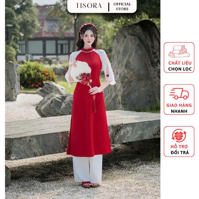 Sét áo dài đỏ tay lửng đính nơ + quần lụa mặc Tết, du xuân, đi chùa, chụp ảnh, đi tiệc (không kèm cài) - TISORA - Nữ Women Cotton Top