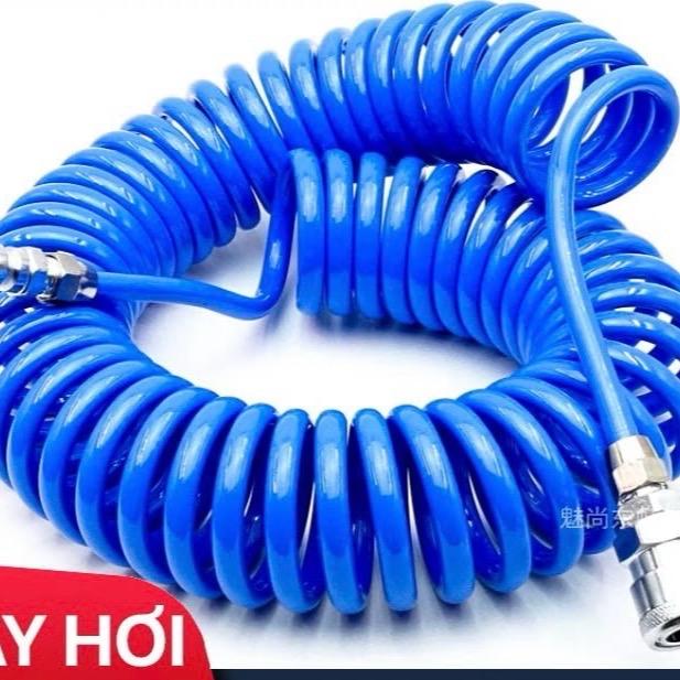 Dây Xoắn Hơi PU phi 8 khí nén màu Xanh có đầu nối nhanh dài 6,9,12,15mét chịu áp lực từ máy nén khí 5mmx 8mm Dây hơi khí nén