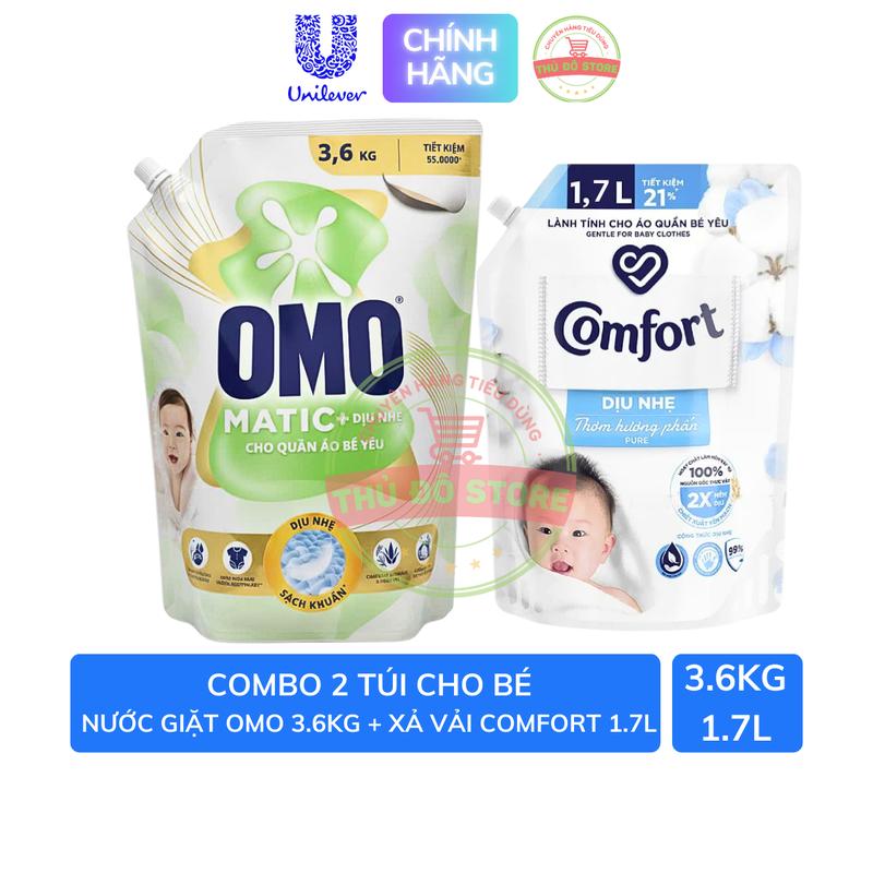  Combo Túi Nước Giặt OMO Matic Cho Quần Áo Bé 3.6KG + Nước Xả Vải Comfort Dịu Nhẹ Thơm Hương Phấn Cho Quần Áo Bé 1.7L 