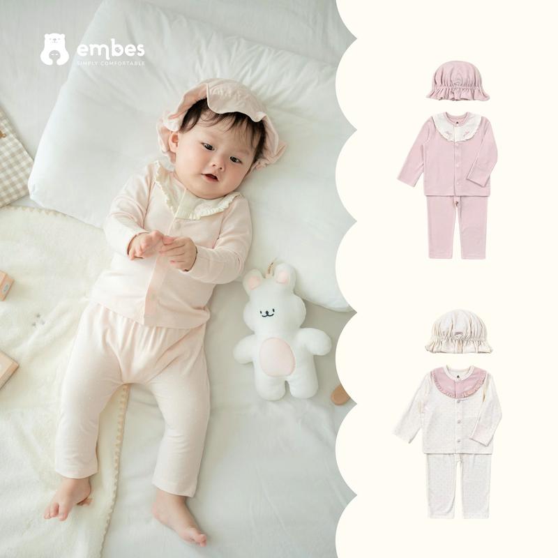 Bộ Newborn dài tay cài giữa kèm mũ chấm bi hình thêu cổ áo cho bé gái Embes Việt Nam từ 0 tháng - 3 tháng - 25-B4-02