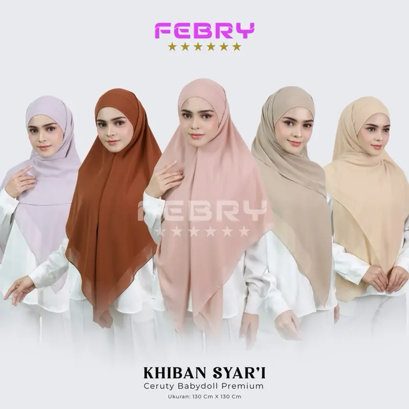 FEBRY_ Khimar Bandana Segiempat Syar'i Ceruty Babydoll Premium 130x130cm - Hijab Instan Nyaman dan Mewah