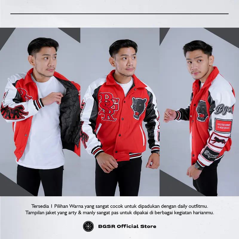 Jaket Varsity Baseball Jacket Vintage Windbreaker Bordir Tebal Jaguar Premium BGSR Terbaru Pria Wanita Bomber Distro Casual Cowok Keren Fleece Sweater Hitam 4