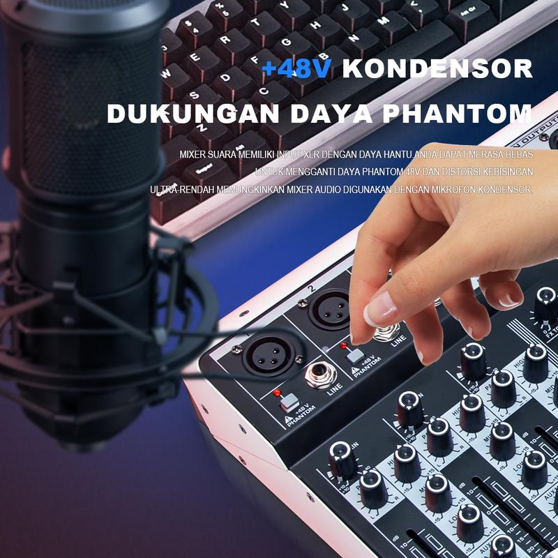 Product Introduction of BOMGE 4/6 Channel Audio Interface Sound Board Mixing Console 16-Bit 99DSP DJ Mixer Audio Reverb Effect +48V Phantom Bluetooth Studio Audio Mixer For Karaoke Studio Streaming 10
