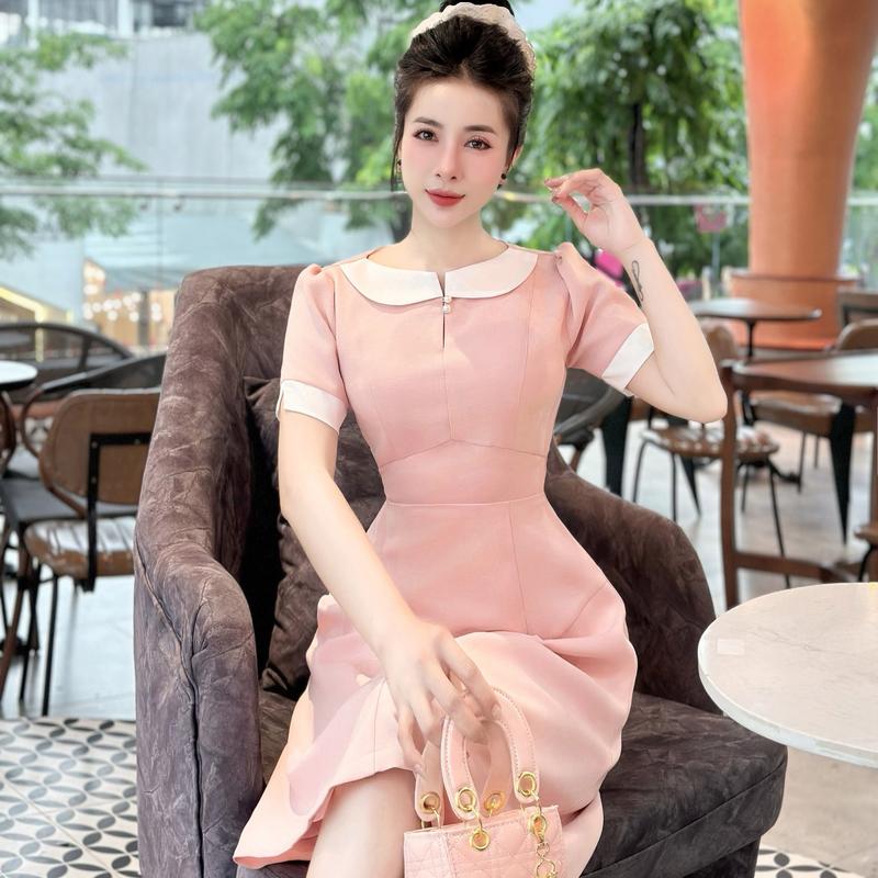 Đầm hồng dự tiệc thiết kế công sở chữ a tay ngắn đẹp thanh lịch cao cấp đi tiệc đi làm Lux W Fashion