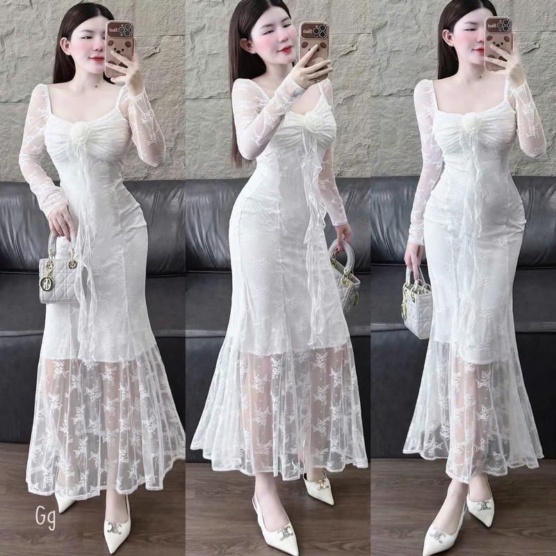  Đầm váy nữ ren tay dài cổ vuông đính hoa tua rua dáng dài đuôi cá sang chảnh xinh xắn dễ thương phù hợp cho các nàng diện đi tiệc đi chơi đi du lịch 