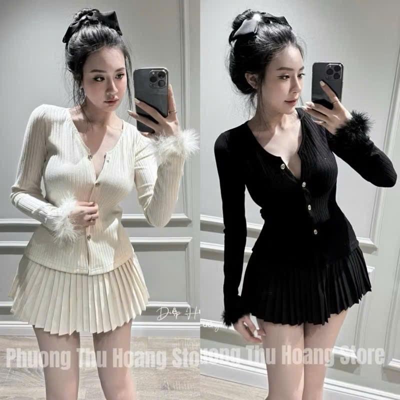  Set áo len tăm thỏ cúc đồng phối tay lông mix chân váy xếp ly hót hít 