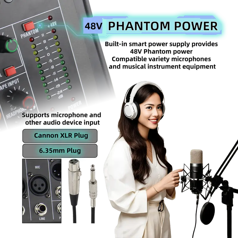 Mixer Saluran MOREFAND CT-6/8/12 channel , Equalizer 3-Band, dilengkapi dengan Efek Reverb dengan Pengulangan dan Penundaan, mendukung koneksi Bluetooth, USB, PC, Pemutar MP3, Output XLR, Pemantauan Rekaman - Amplifier Subwoofer, Audio Mixer 7