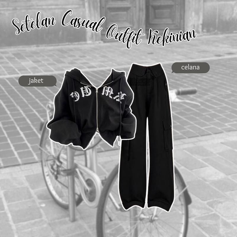 2in1 One Set Wanita Kece Korean Baju Setelan Wanita Kekinian Set Korean (Hoodie, Celana) Set AA211 Hitam Panjang Atasan Casual Bawahan Oversize Kulot Kerja Top 1