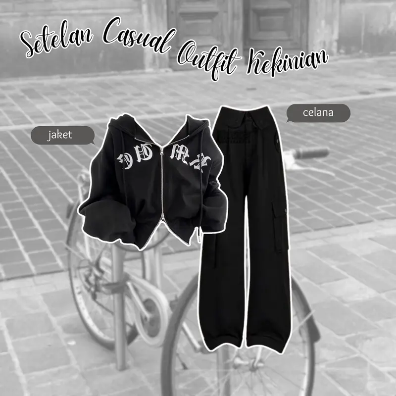 2in1 One Set Wanita Kece Korean Baju Setelan Wanita Kekinian Set Korean (Hoodie, Celana) Set AA211 Hitam Panjang Atasan Casual Bawahan Oversize Kulot Kerja Top 1