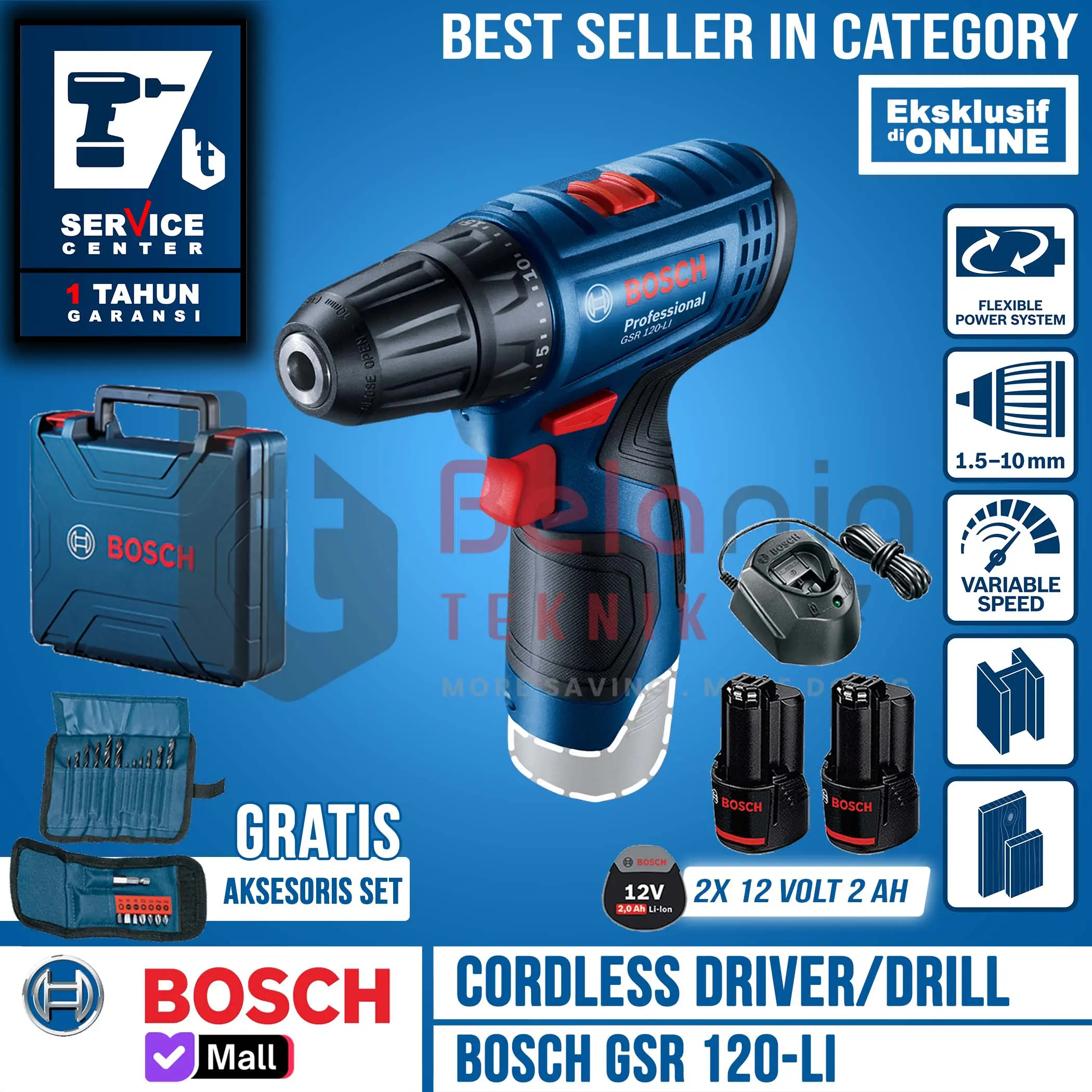 Bosch GSR 120-LI GEN3 Mesin Bor Baterai 12V Cordless Drill dengan ECP & Torsi Lebih Kuat 20% GSR120 GSR120LI
