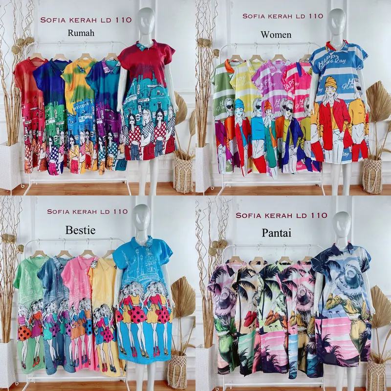 Daster Motif Busui Sofia Rayon Berkerah 3pcs Wanita Dress Panjang 3