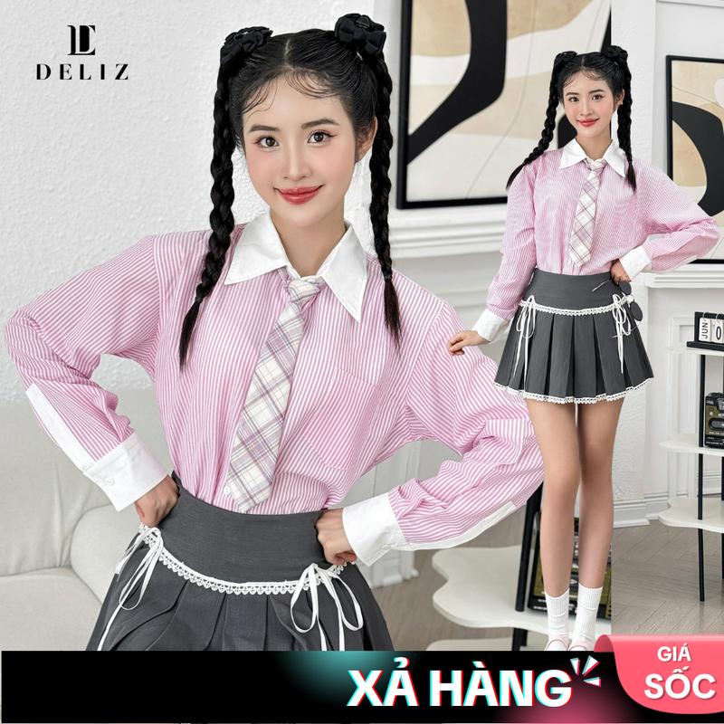 Sơ mi nữ kẻ sọc phối túi tông màu pastel DELIZ - SM15 Áo