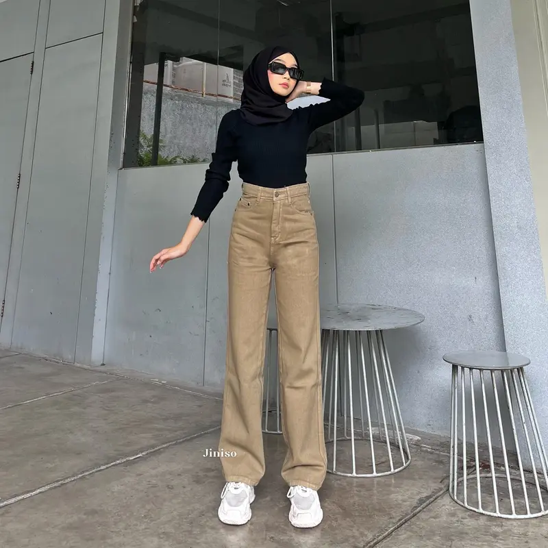 JINISO HANGOVER - 814 Loose Highwaist Celana Jeans Wanita Warna Olive 2