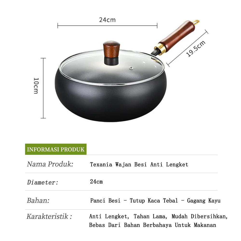 [PROMO BULAN INI] TEXANIA Panci Besi Non-Coating Anti Lengket Gagang Kayu Tutup Kaca Diameter 24cm Kitchenware