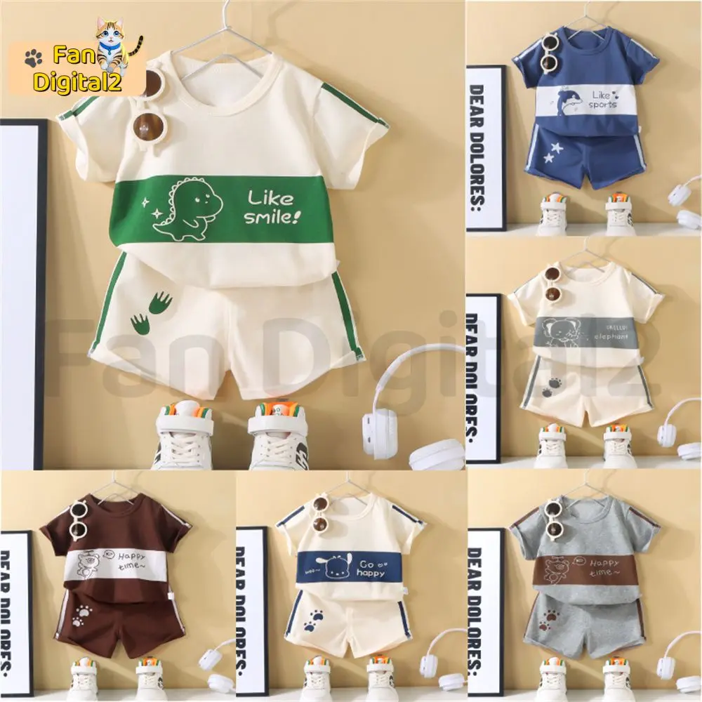 Infant Baby Boys Girls Terno Sets Short Sleeved Splicing Color Shorts Clothing Set Sando Kids Cartoon Animal Dinosaur Bear Print Clothes Suit For 0-6 Years Children