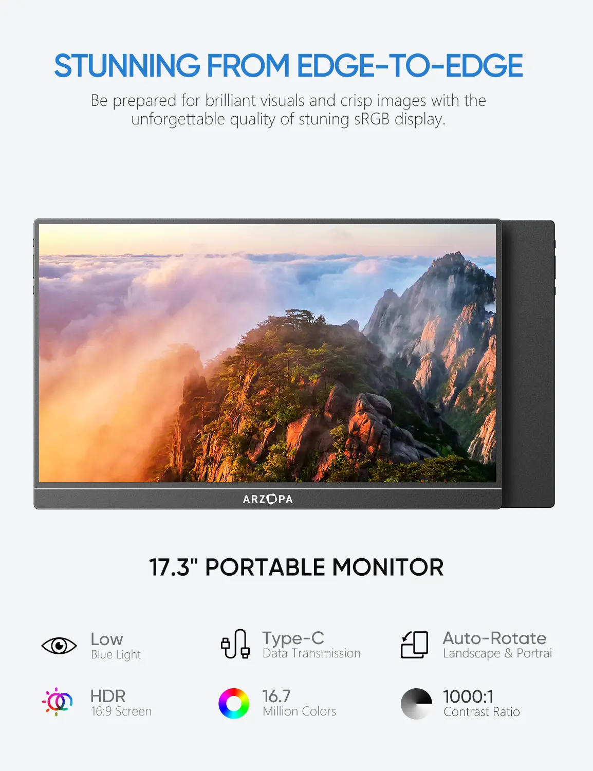 Màn hình di động ARZOPA 17,3 ", A1M, Độ phân giải 1080P FHD, 103% sRGB, Màn hình chơi game IPS, Tương thích với máy tính xách tay, Có chân đế tích hợp, HDMI và cổng USB C, Màn hình ngoài, Thích hợp cho PC, Mac, Điện thoại, Xbox, Switch, PS5 | BigBuy360 - bigbuy360.vn