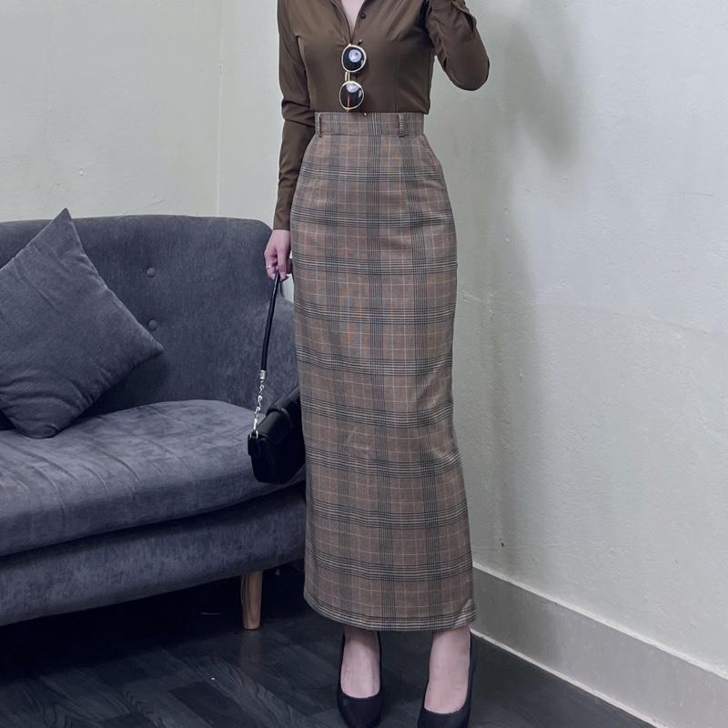    V06 SỌC  Chân váy sọc caro suông dài lưng cao có túi dài 90cm SUONGG 