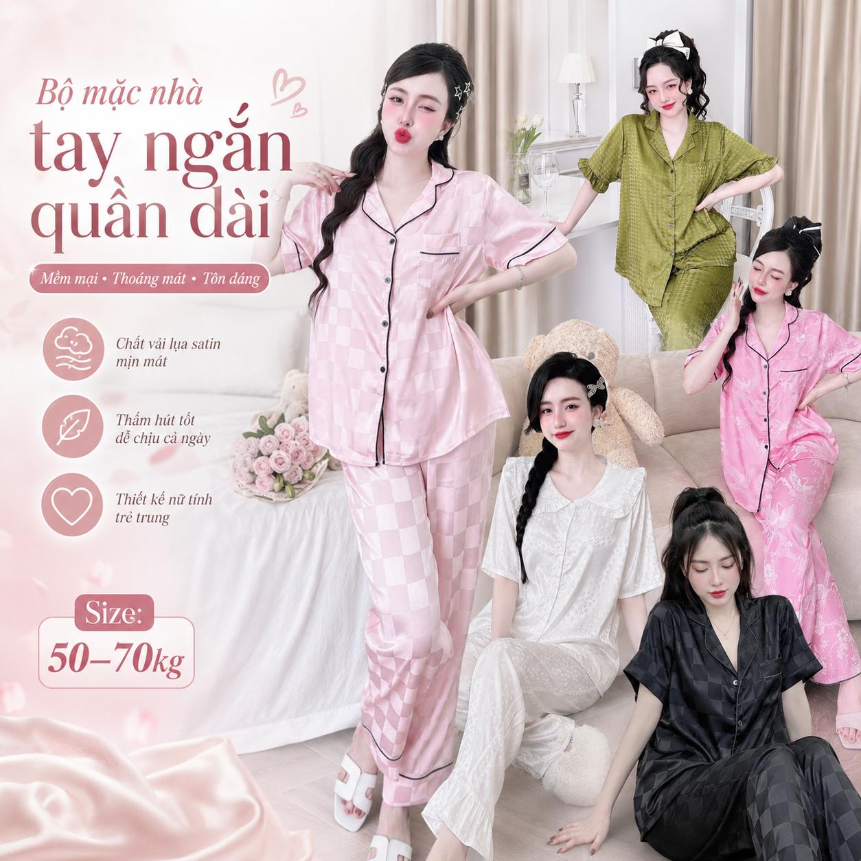 Đồ Bộ Đồ Ngủ Mặc Nhà Nữ Bigsize 50-70kg Lụa Gấm Mềm Mịn, Pijama Tay Ngắn Quần Dài Form Rộng Sang Xinh - A.5401