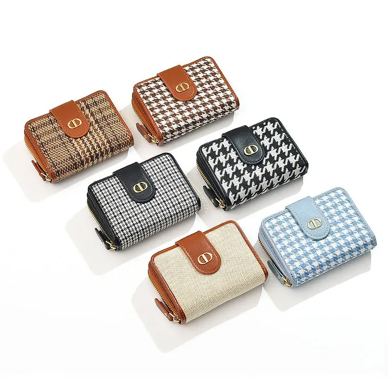 Women Short Wallet Handheld Folds Pretty Leather Zipper Card Holders  Fashion Houndstooth Mini Canvas Coin Holder/Purse
