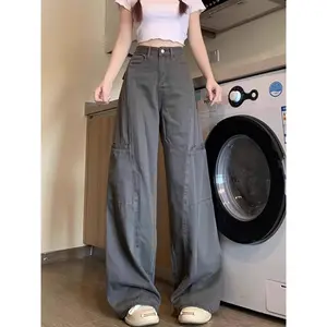 Lulu Jeans Unsiex Celana Jeans Wanita Highwaist Cargo Wanita - Panjang, Loose - Denim,Abu abu