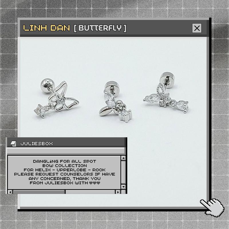 [1 Chiếc] [BẤM] Khuyên Tai Nam Nữ LINH ĐAN 2 Butterfly Cầu Kì Bằng Đồng Màu Bạc Đính Đá Đuôi Bi Không Gỉ Julies Box 66