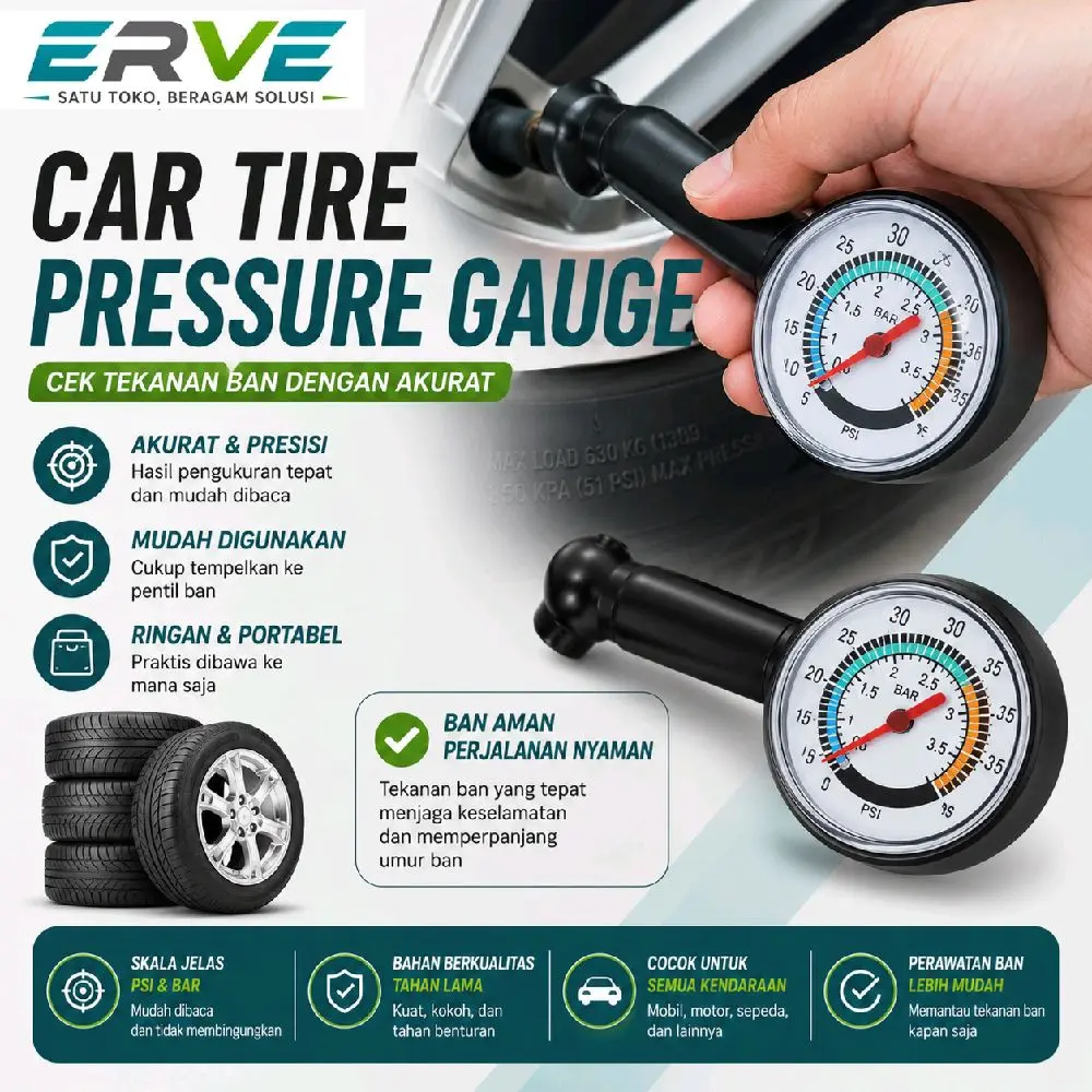 ERVE Alat Ukur Tekanan Ban Mobil Car Tire Pressure Gauge Akurat & Presisi Mudah Digunakan Ringan Portabel untuk Mobil Motor Sepeda Motor