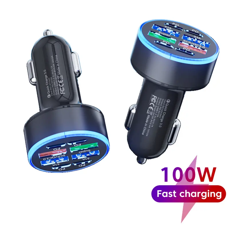 Bộ sạc ô tô sạc nhanh, 100W, 8 cổng, Bộ sạc ô tô, 4 cổng USB và 4 cổng Type C, Bộ Chuyển Đổi bộ sạc ô tô siêu nhanh, Tương thích với iPhone 16 / 15 Pro Max Plus và Samsung Galaxy S24 Phụ Kiện 8