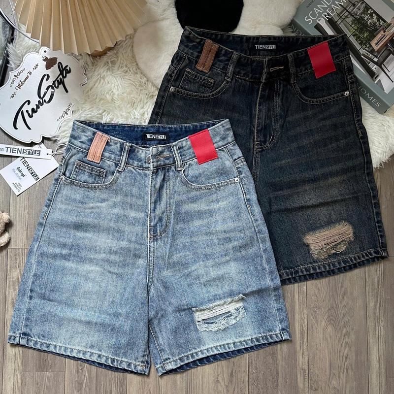  TIENSTYLE - Quần Ngố Jean Lửng Macr Đỏ Đai Nâu Mạc Da Lưng Rách Chất Jean Mềm Cotton Có Túi Quần Jean Nữ Bigsize Chuppy 