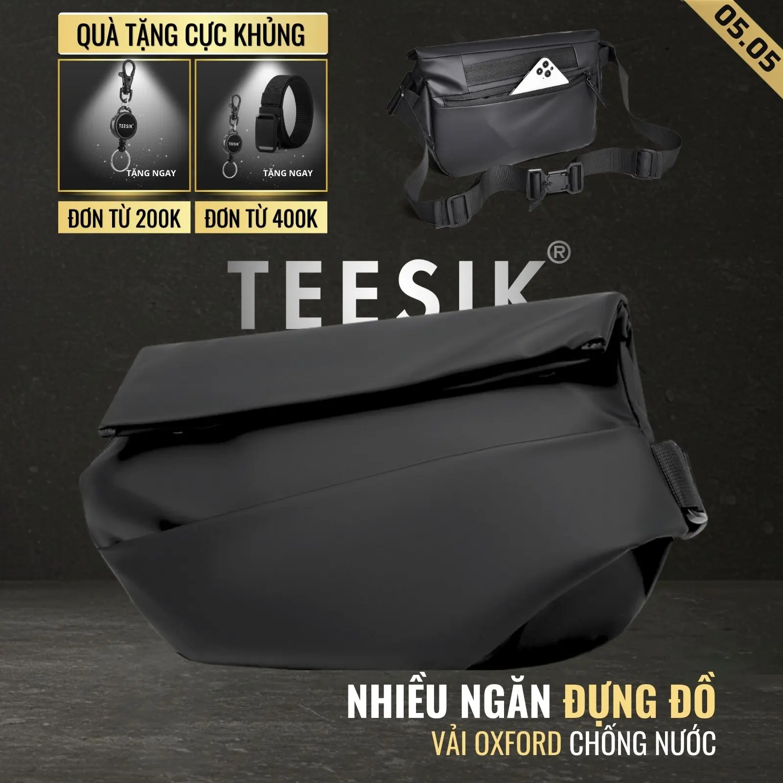 Túi đeo chéo nam TEE SIK túi chéo nam chống nước khóa từ đeo vai túi bao tử cao cấp bag nhiều ngăn đựng vừa Ipad 10 in TS40 - Đen