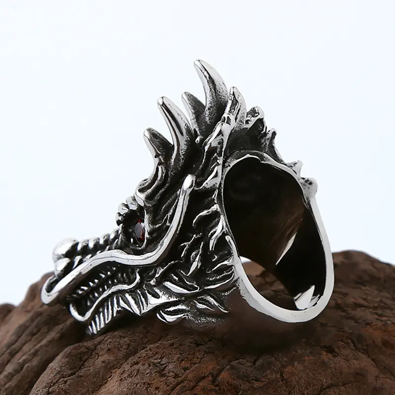 【Perenolr】Fashion Vintage Male Ring Domineering Red Eye Personality Punk Jewelry Dragon Head Ring 4