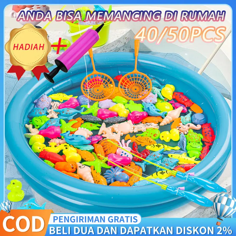 Mainan Pancing Ikan 50PCS + Kolam Pancingan Magnet Anak Mainan Pancing Ikan / Kids Magnetic Fishing Toy Set with Inflatable Pool Playing Water Baby Bath Toys Fishing rod Outdoor Fun Game Water Toy for Child