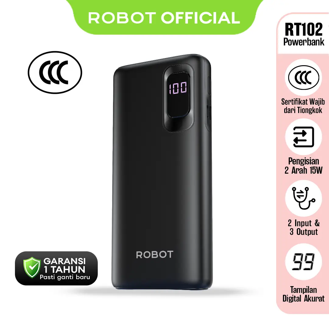 ROBOT RT102 Powerbank 10000mAh Fast Charging 15W, 3 Port (USB/Type-C), Triple CCC Certified, Digital LED, Garansi 1 Tahun - Bisa COD