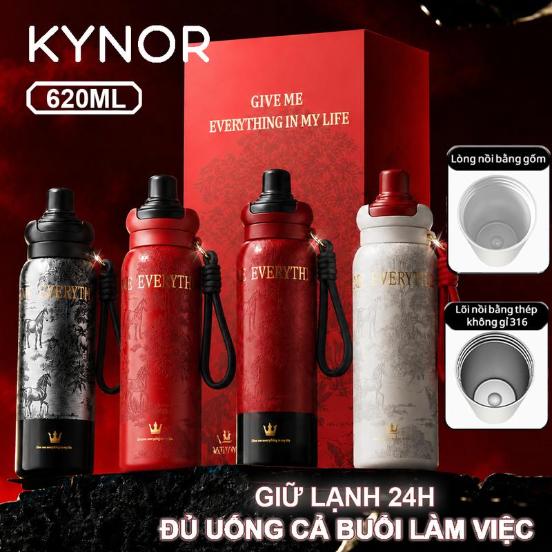 Bình Giữ Nhiệt KYNOR Lòng Gốm 620ml, Quà Tặng Năm Ngựa, Có Ống Hút & Quai Xách, Giữ Nóng 12H - Giữ Lạnh 24H