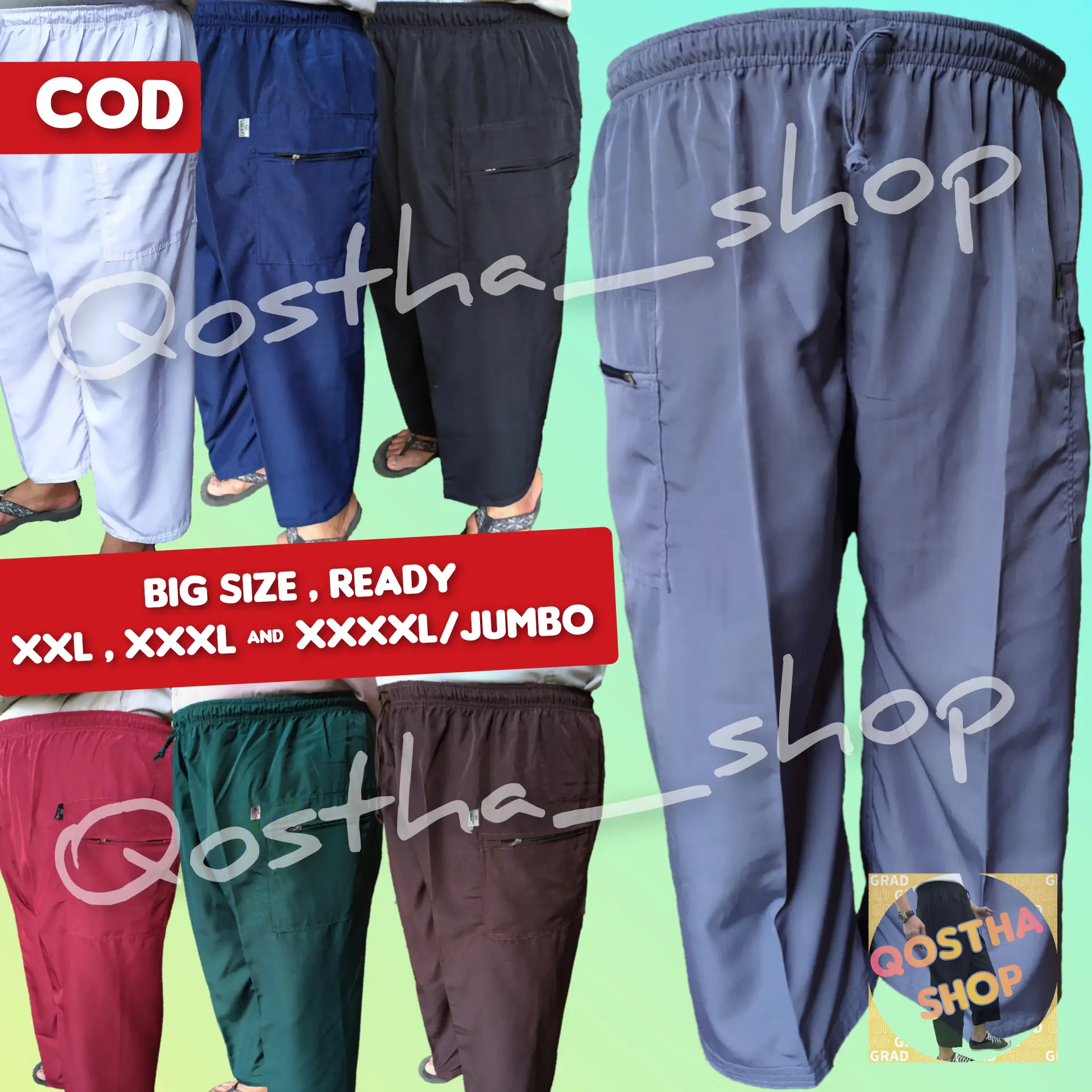 Qostha Celana Muslim Sirwal Komprang Panjang JUMBO XXXXL , XXXL , XXL & XL Warna Polos untuk santai & sehari-hari Pria