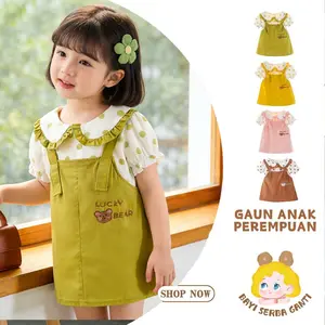 Gaun pendek lengan untuk bayi usia 0 - 4 tahun, gaun dengan tali pinggang dan kerah boneka berbintik - bintik, serta gaun dengan tusukan renda berupa beruang lucu.