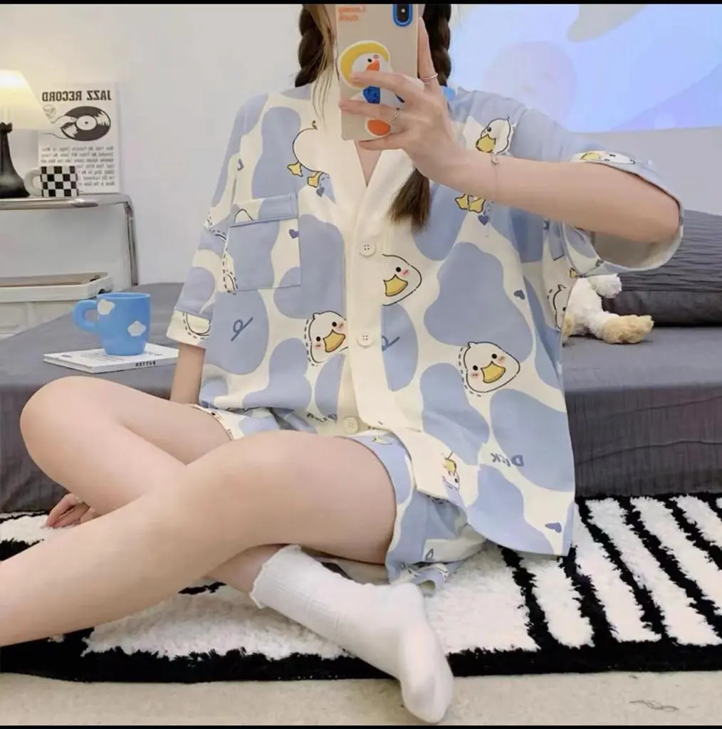 AKS Setelan piyama wanita set baju tidur perempuan dewasa motif karakter animasi lucu bahan kaos lembut adem serap keringat atasan celana pendek model korean style full kancing terbaru kekinian fit to XXL jumbo cocok untuk harian santai PY011