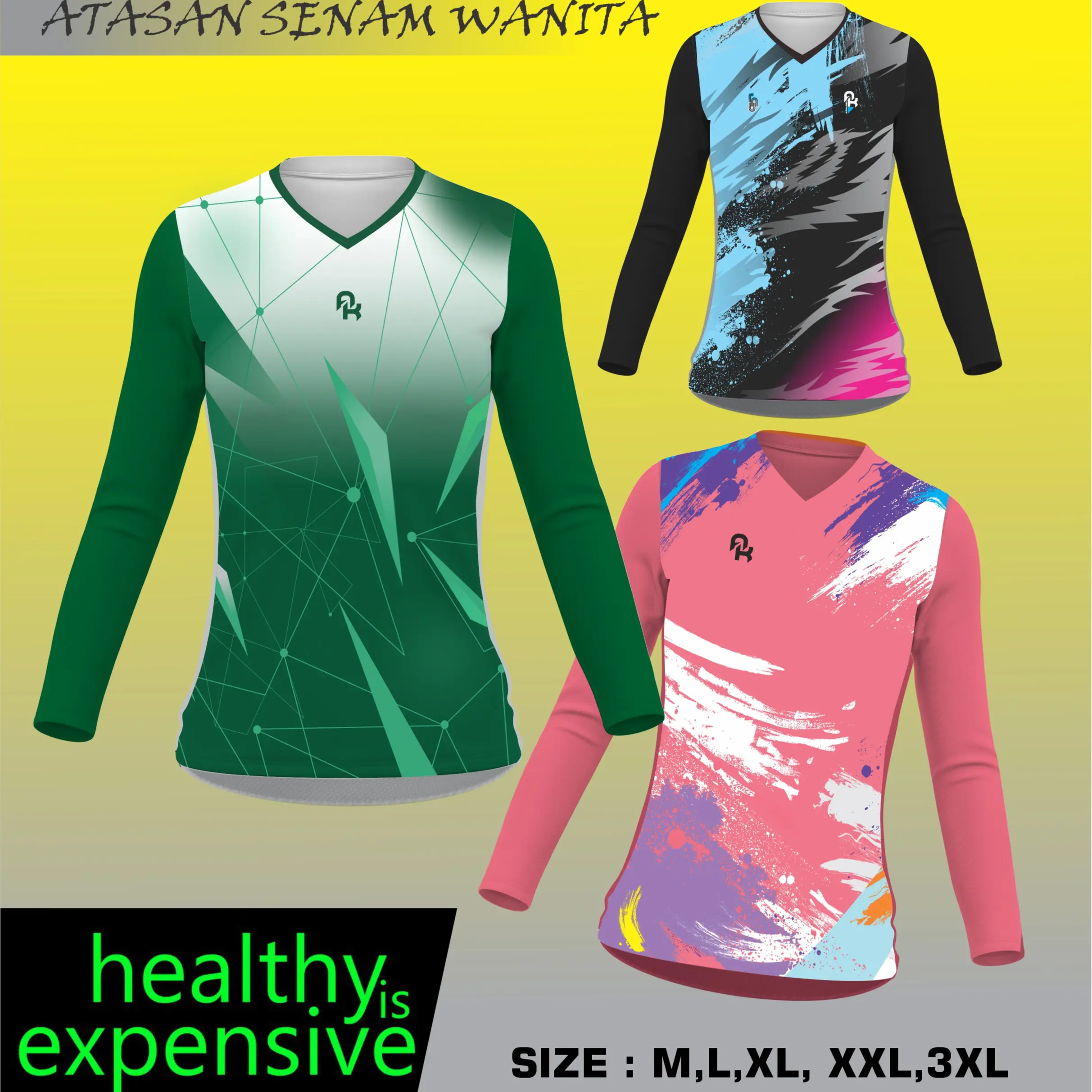 Kaos Senam Wanita Jersey Printing Olahraga Running Jalan Santai Sepeda Santai Volly Wanita Muslimah JUMBO LENGAN PANJANG Bahan Drifit Premium Nyaman O-Neck Size M L XL XXL 3XL