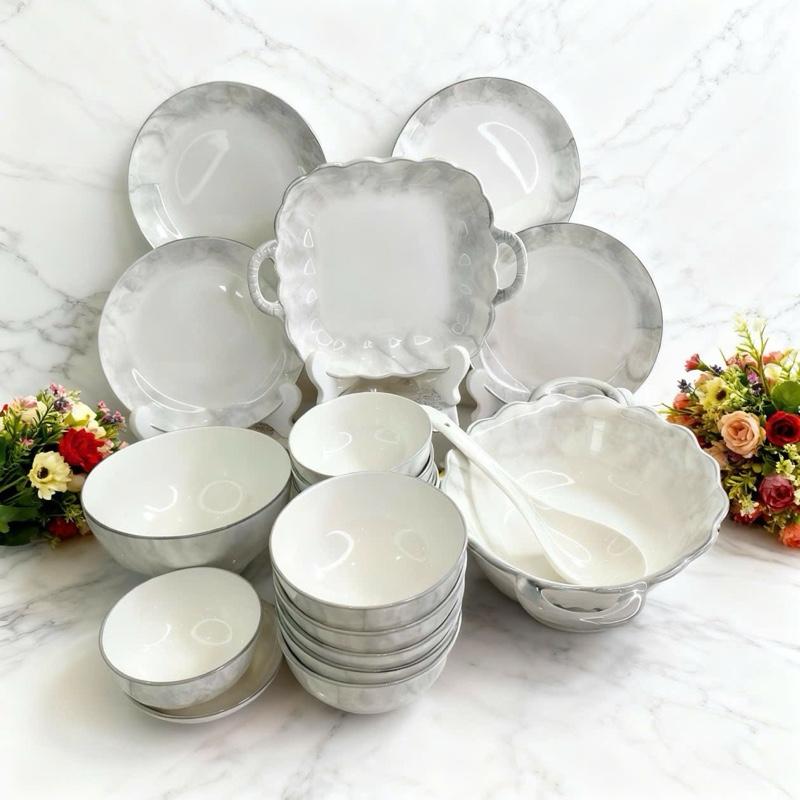  Sét bát đĩa gốm sứ cao cấp sét hoa văn họa tiết Vân đá Sét đĩa vuông quai 