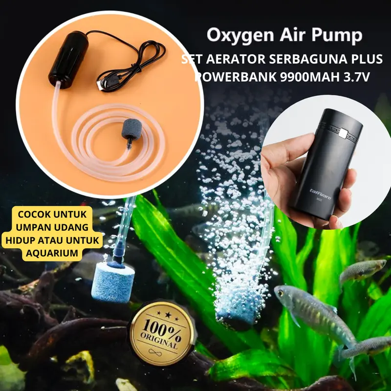 1 Set Aerator Serba Guna Plus POWER BANK 9.900 mah Siap Pakai Cocok untuk AQUARIUM Umpan Udang hidup mancing 1