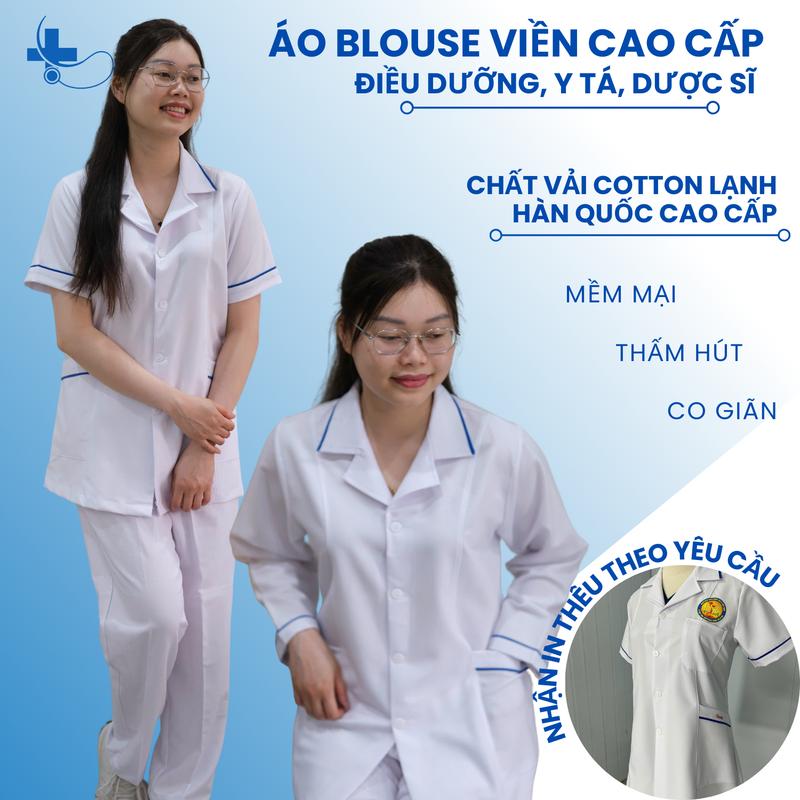 Áo Blouse Trắng Viền Xanh Dương CAO CẤP Dành Cho Nam/Nữ Y Tá, Điều Dưỡng, Dược Sĩ Chất Liệu Cotton Hàn