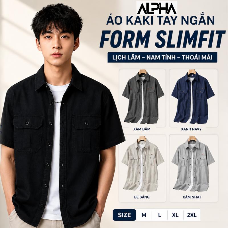 Áo Sơ Mi Kaki Nam Tay Ngắn Gen Alpha Form Slim Fit 100% Cotton Thoáng Mát 2 Túi…
