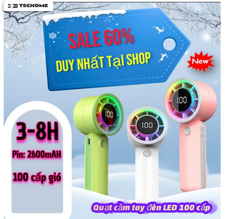 Quạt cầm tay tích hợp đèn LED, pin khủng, siêu bền 100 cấp độ gió, Quạt tích điện cho bé,cổng sạc TypeC