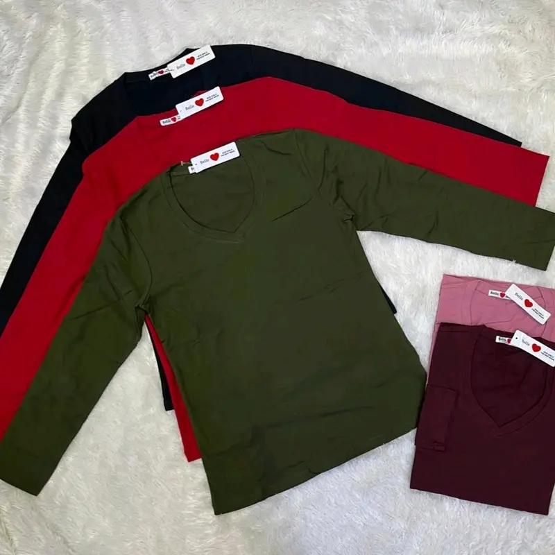 Kaos  Lengan Panjang kerah V ORI BELLE Atasan Wanita Polos Nyaman 0